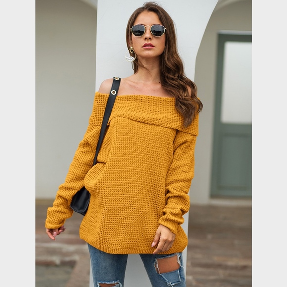 Ginger Yellow Off Shoulder Fold Over Sweater - Picture 5 of 7